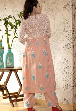 Printed Cotton Cambric Aline Suit in Light Peach