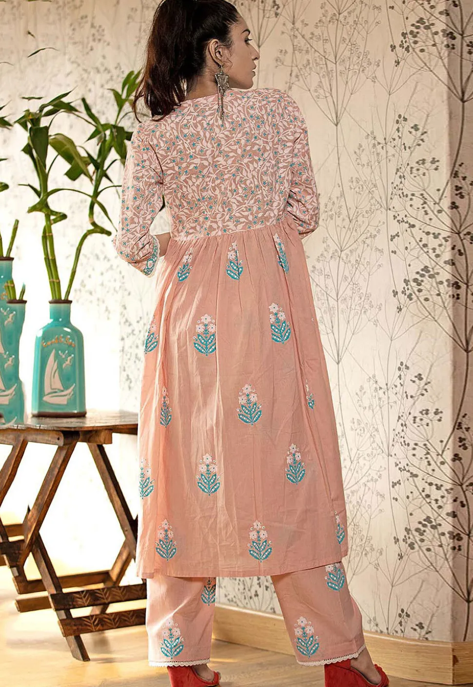 Printed Cotton Cambric Aline Suit in Light Peach