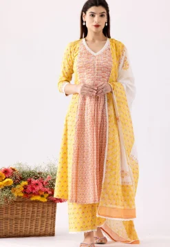 Printed Cotton Cambric Aline Suit in Orange and Yellow