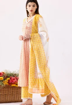 Printed Cotton Cambric Aline Suit in Orange and Yellow