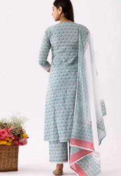 Printed Cotton Cambric Aline Suit in Red and Blue