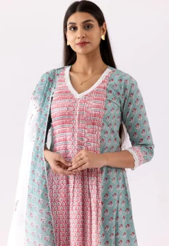 Printed Cotton Cambric Aline Suit in Red and Blue