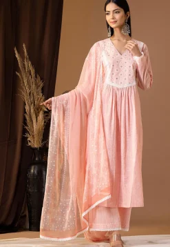 Printed Cotton Cambric Aline Suit in Light Peach