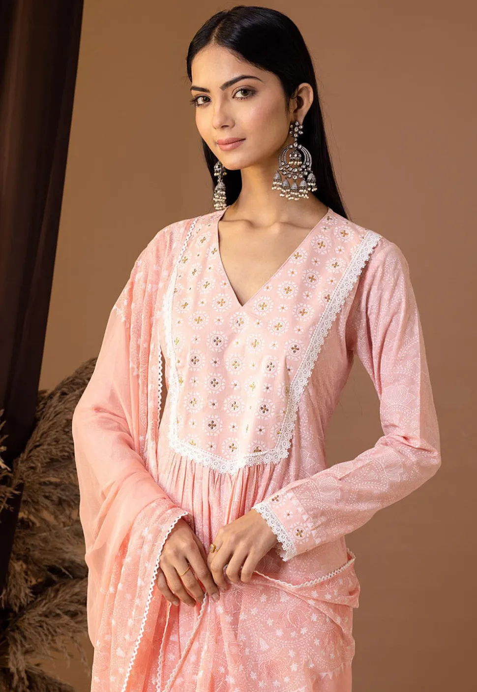 Printed Cotton Cambric Aline Suit in Light Peach
