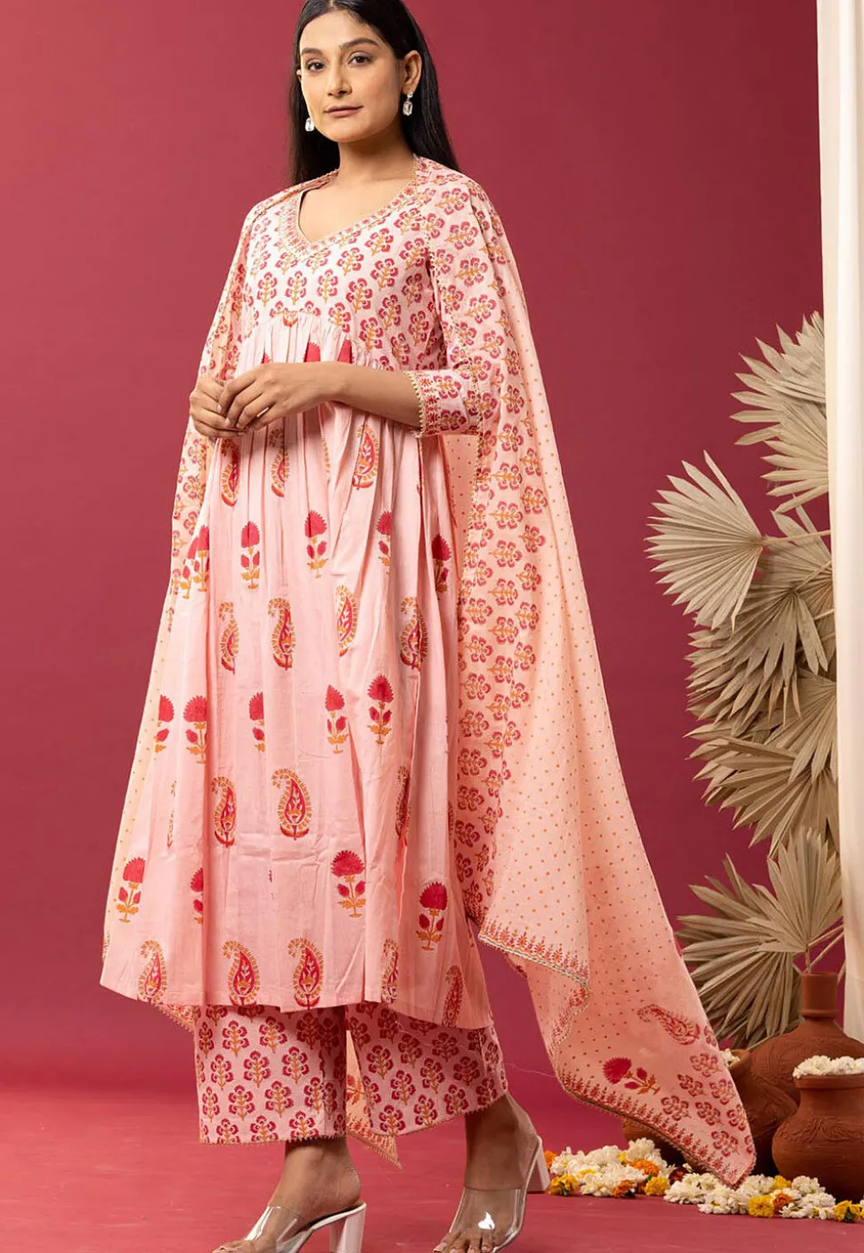 Printed Cotton Cambric Aline Suit in Light Peach