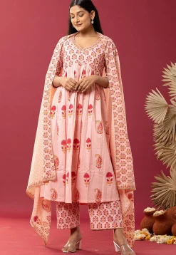 Printed Cotton Cambric Aline Suit in Light Peach