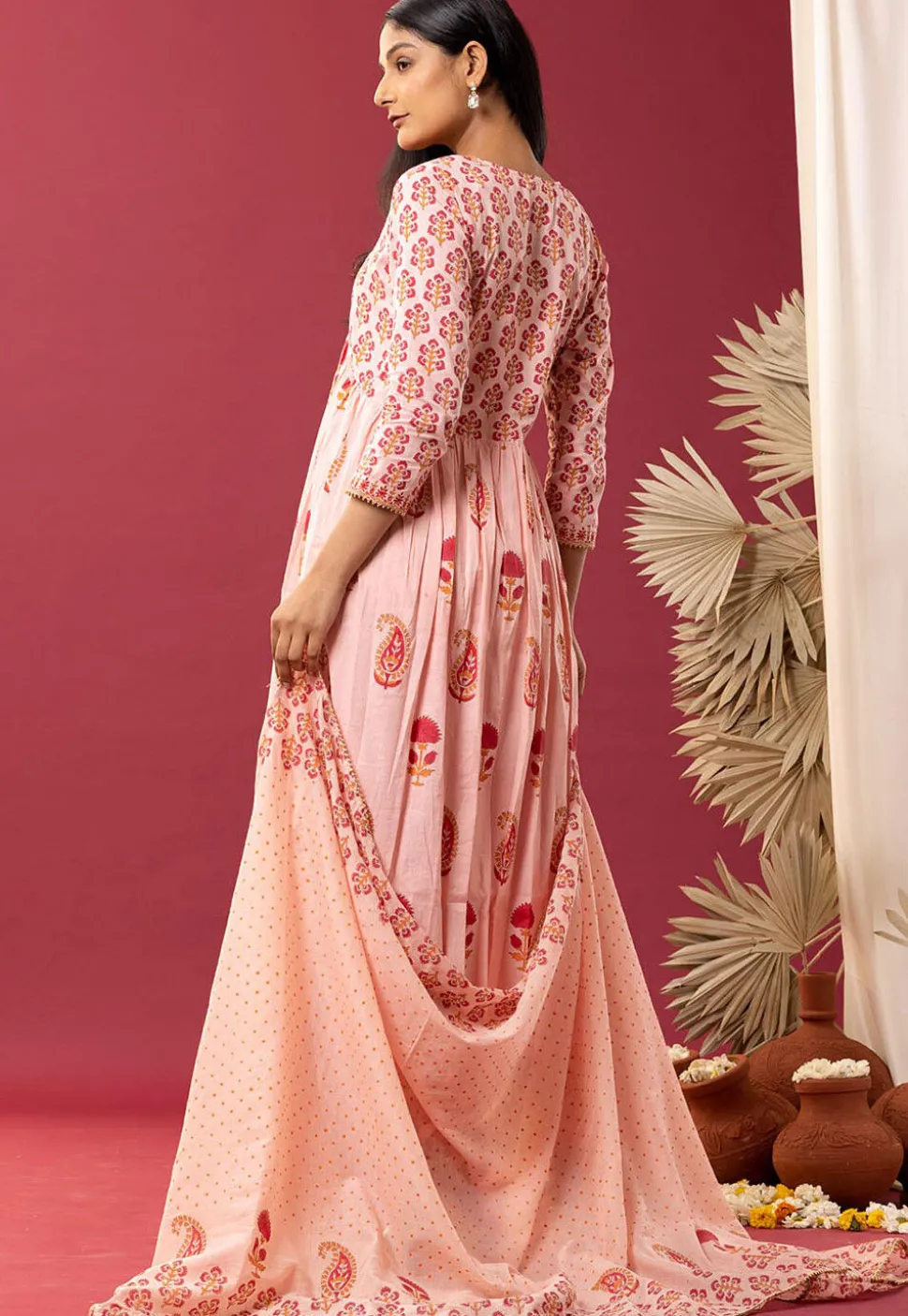 Printed Cotton Cambric Aline Suit in Light Peach
