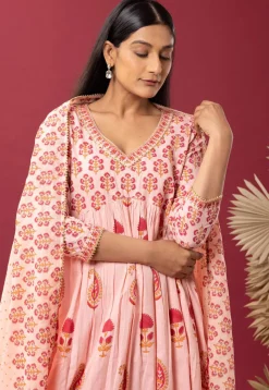 Printed Cotton Cambric Aline Suit in Light Peach