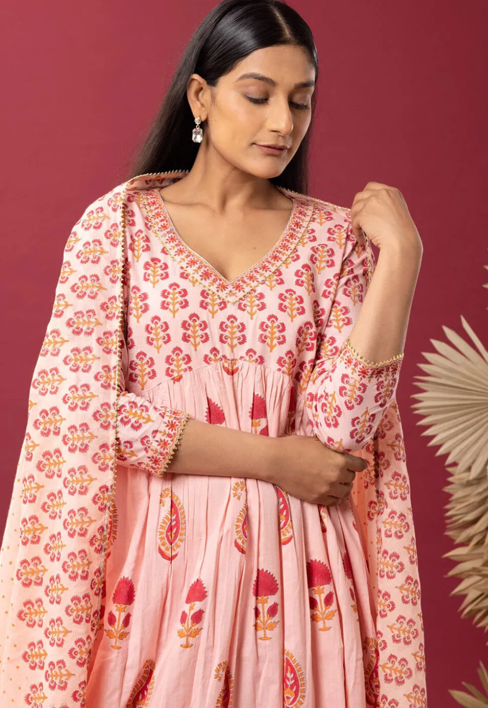 Printed Cotton Cambric Aline Suit in Light Peach
