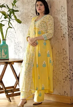 Printed Cotton Cambric Aline Suit in Yellow