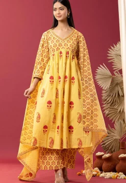 Printed Cotton Cambric Aline Suit in Yellow