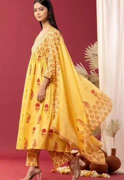 Printed Cotton Cambric Aline Suit in Yellow