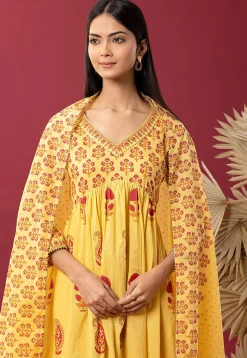 Printed Cotton Cambric Aline Suit in Yellow
