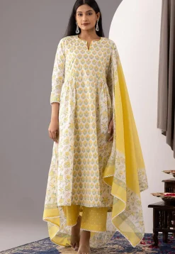 Printed Cotton Cambric Aline Suit in White and Yellow