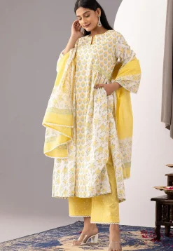 Printed Cotton Cambric Aline Suit in White and Yellow