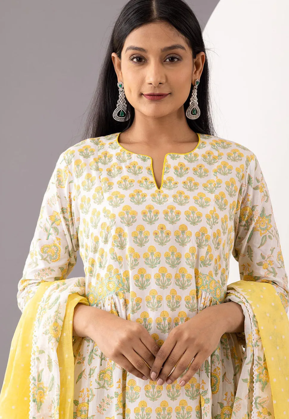 Printed Cotton Cambric Aline Suit in White and Yellow