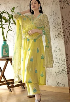 Printed Cotton Cambric Aline Suit in Light Yellow