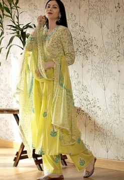 Printed Cotton Cambric Aline Suit in Light Yellow