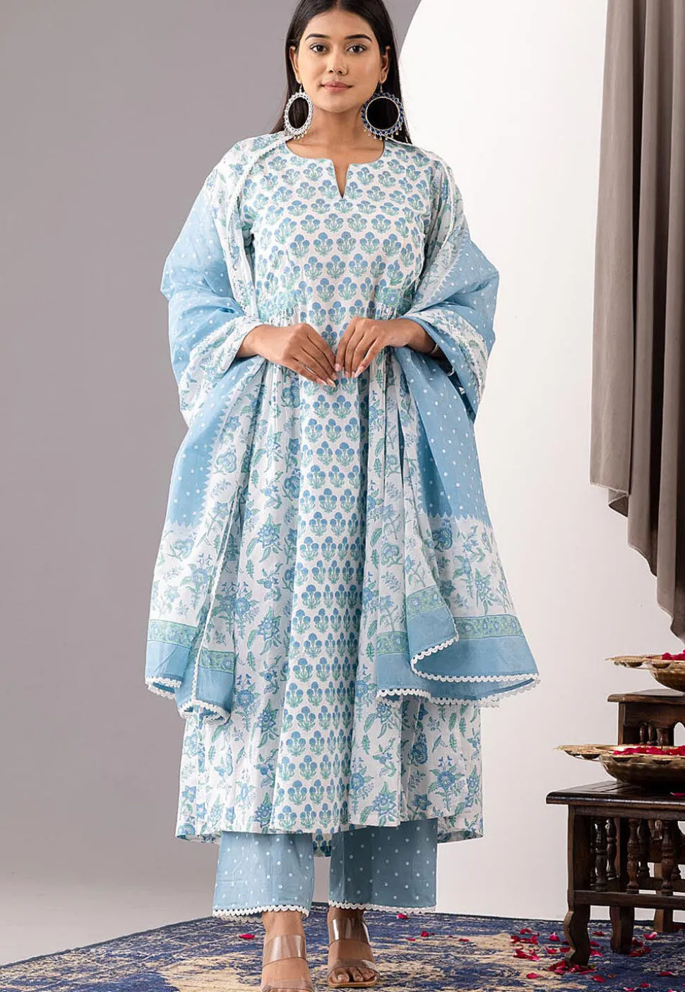 Printed Cotton Cambric Aline Suit in White and Blue