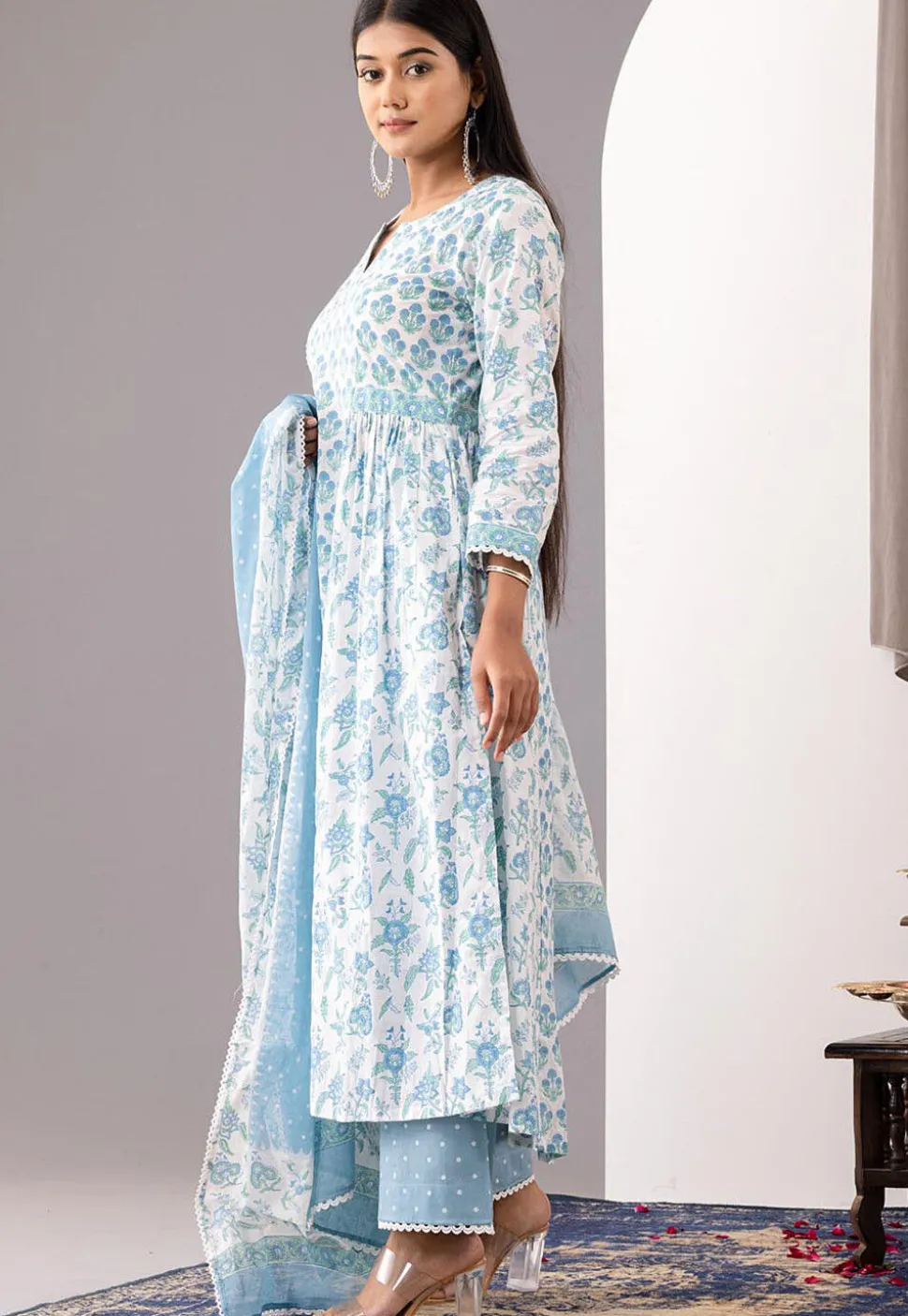 Printed Cotton Cambric Aline Suit in White and Blue