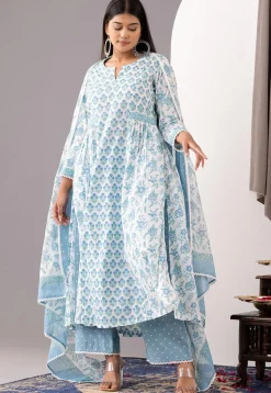 Printed Cotton Cambric Aline Suit in White and Blue