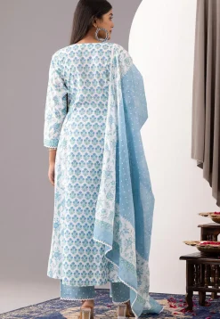 Printed Cotton Cambric Aline Suit in White and Blue