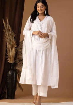 Printed Cotton Cambric Aline Suit in White