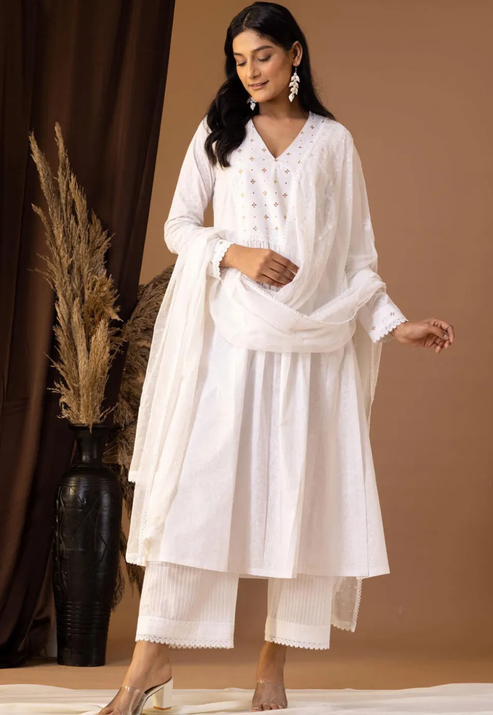 Printed Cotton Cambric Aline Suit in White