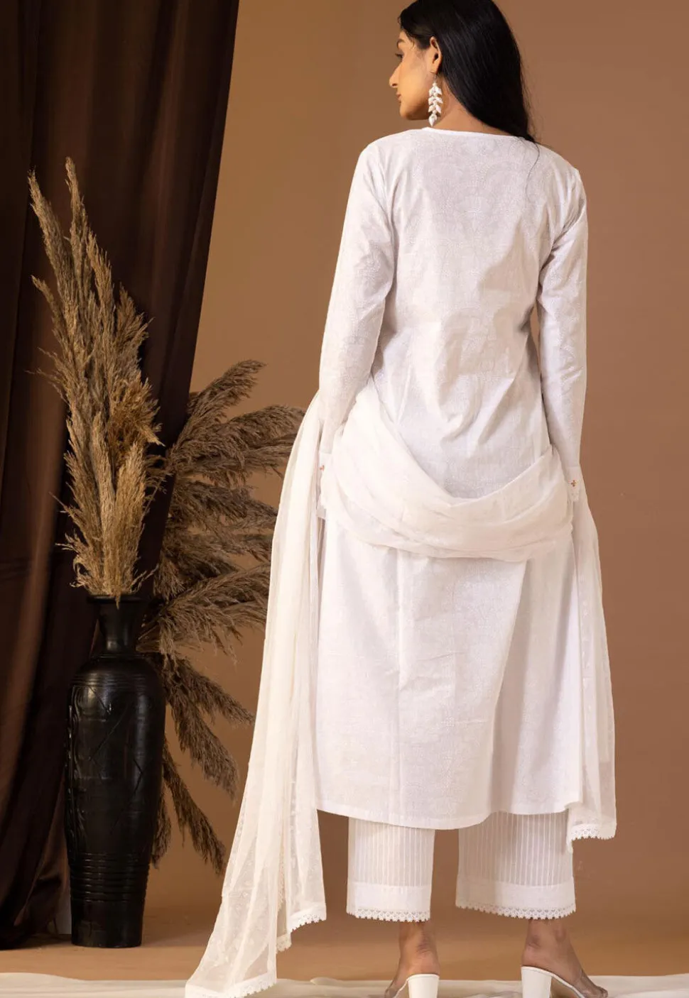 Printed Cotton Cambric Aline Suit in White