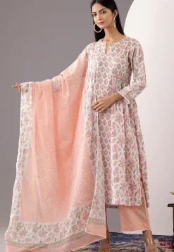 Printed Cotton Cambric Aline Suit in White and Peach