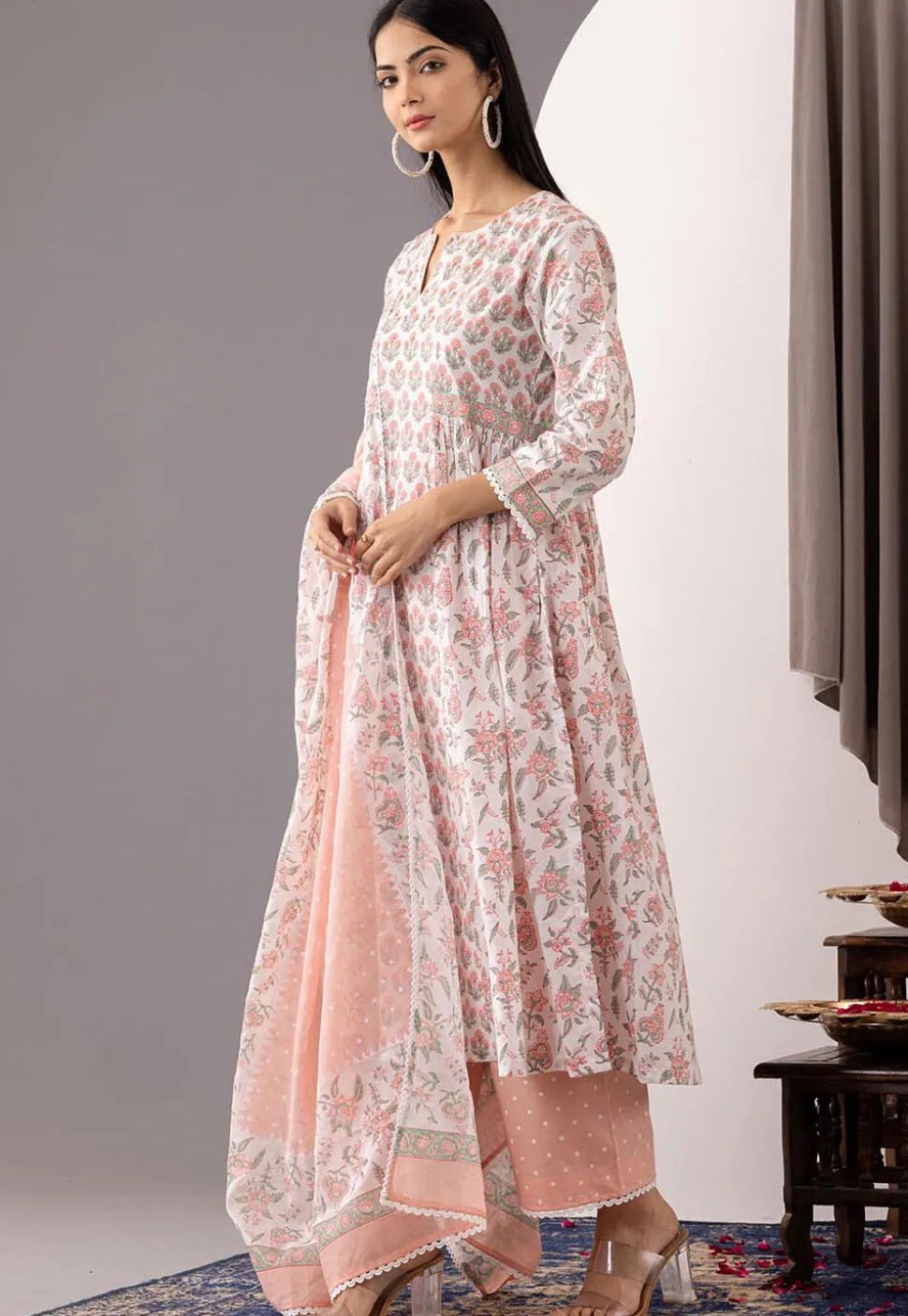 Printed Cotton Cambric Aline Suit in White and Peach