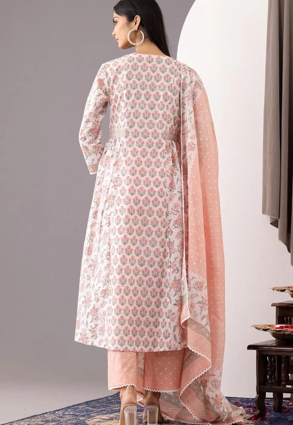 Printed Cotton Cambric Aline Suit in White and Peach