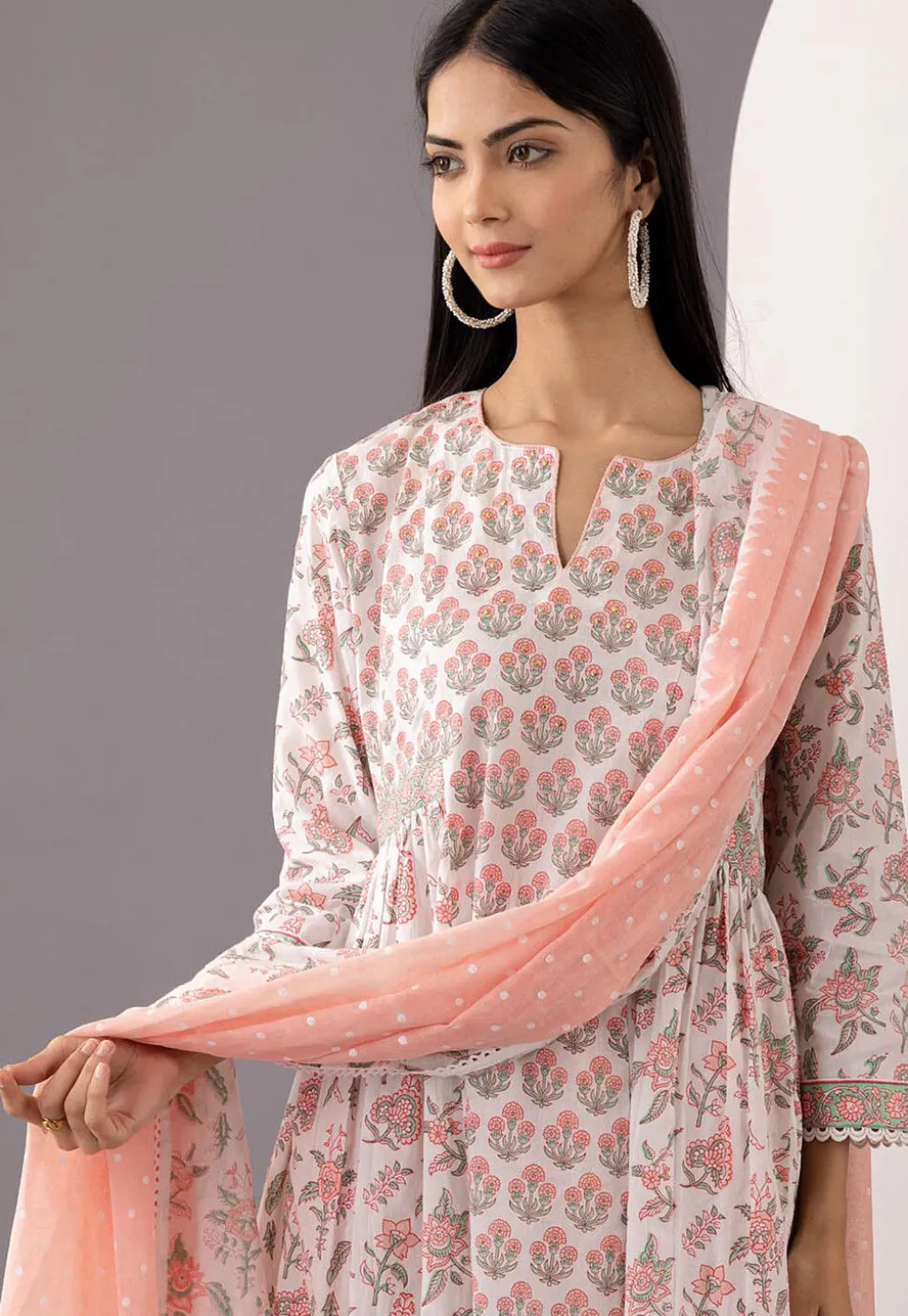 Printed Cotton Cambric Aline Suit in White and Peach