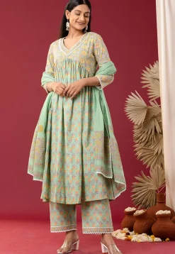 Printed Cotton Cambric Aline Suit in Light Green