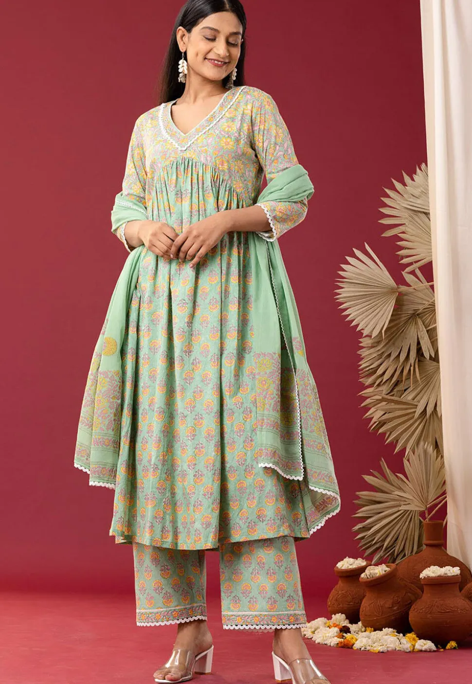 Printed Cotton Cambric Aline Suit in Light Green