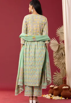 Printed Cotton Cambric Aline Suit in Light Green