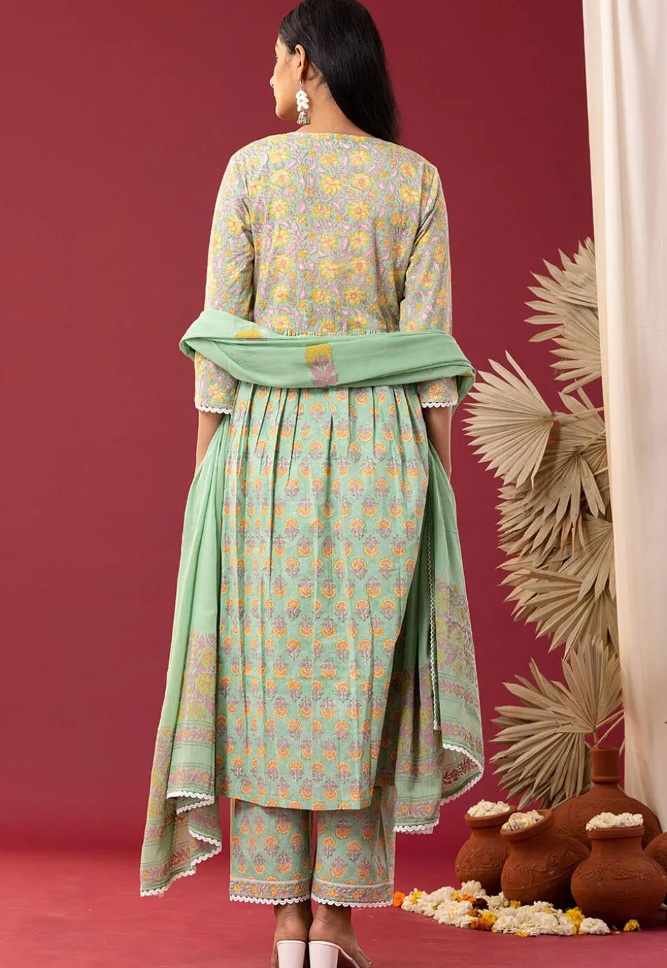 Printed Cotton Cambric Aline Suit in Light Green