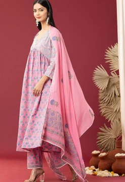 Printed Cotton Cambric Aline Suit in Pink