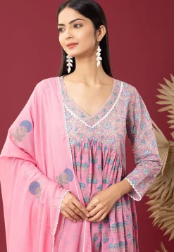 Printed Cotton Cambric Aline Suit in Pink