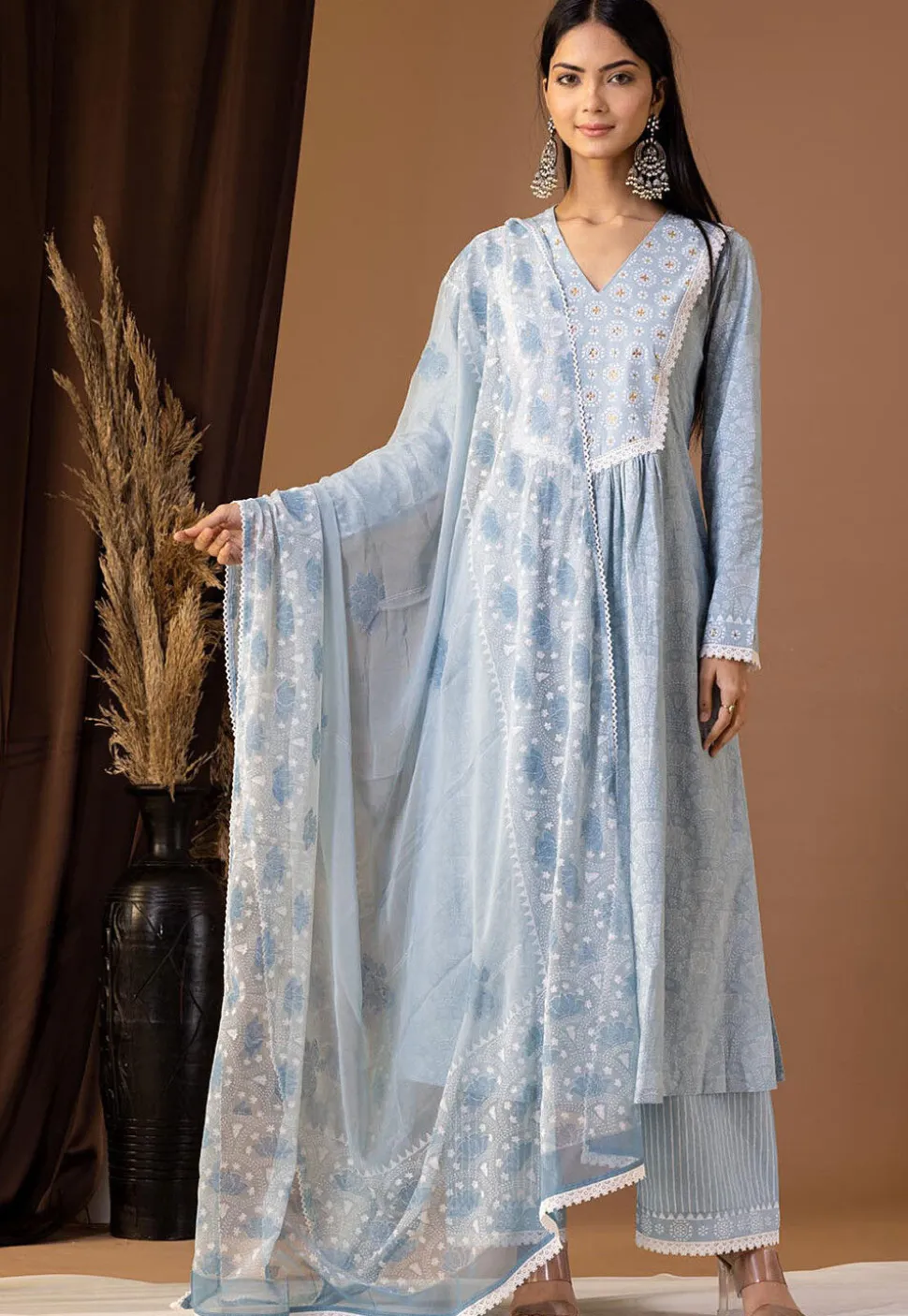 Printed Cotton Cambric Aline Suit in Sky Blue