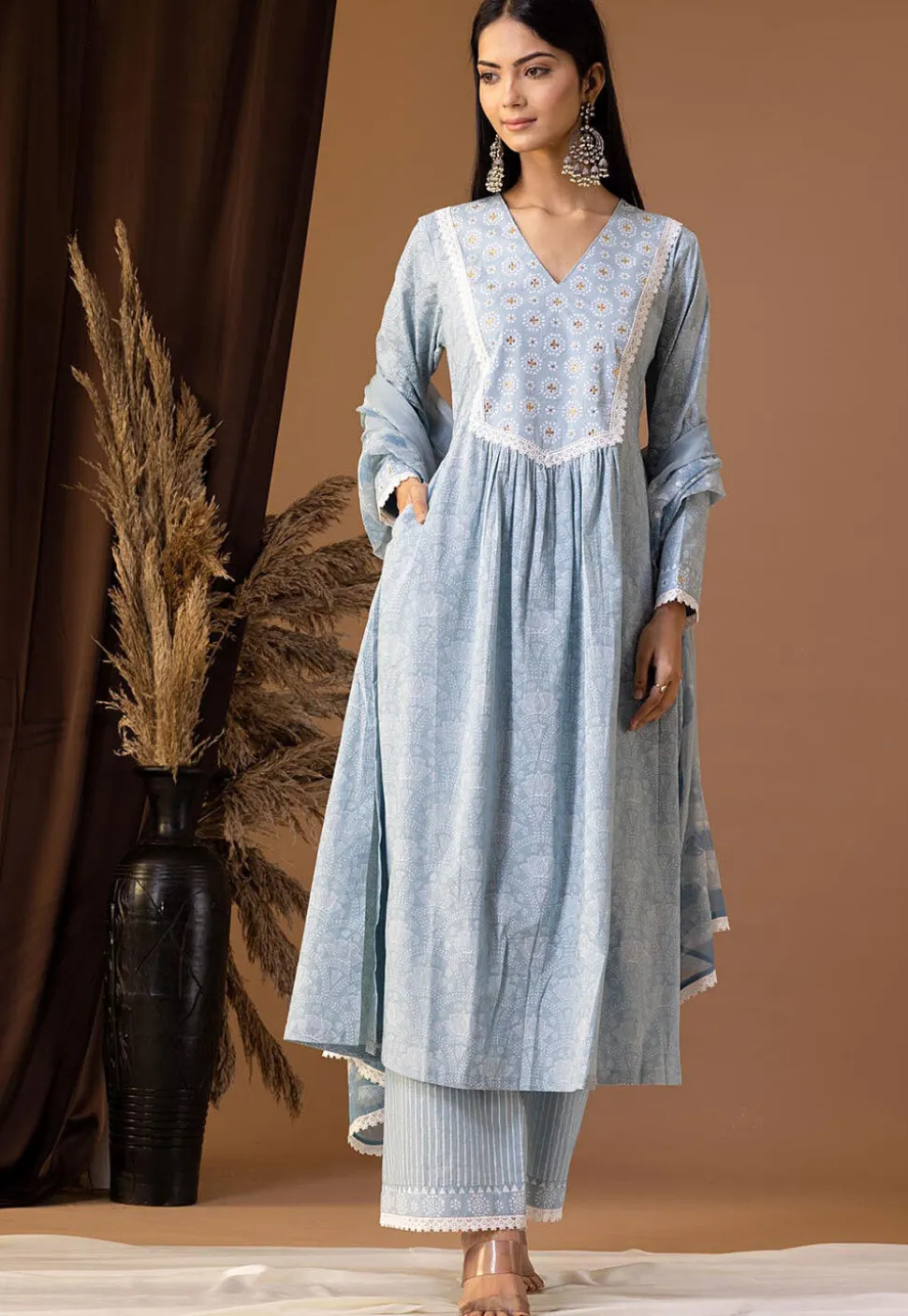 Printed Cotton Cambric Aline Suit in Sky Blue