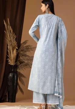 Printed Cotton Cambric Aline Suit in Sky Blue
