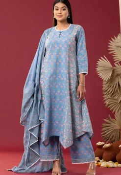 Printed Cotton Cambric Aline Suit in Sky Blue