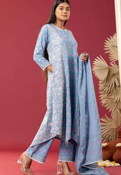 Printed Cotton Cambric Aline Suit in Sky Blue