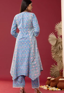 Printed Cotton Cambric Aline Suit in Sky Blue