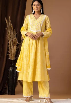 Printed Cotton Cambric Aline Suit in Yellow