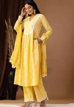 Printed Cotton Cambric Aline Suit in Yellow
