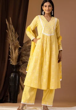 Printed Cotton Cambric Aline Suit in Yellow