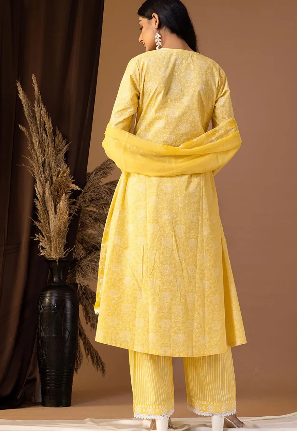 Printed Cotton Cambric Aline Suit in Yellow