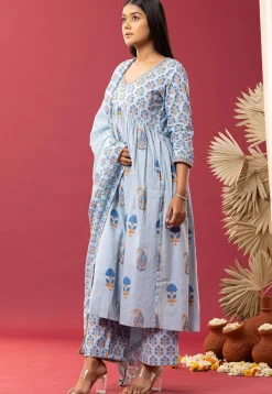 Printed Cotton Cambric Aline Suit in Sky Blue